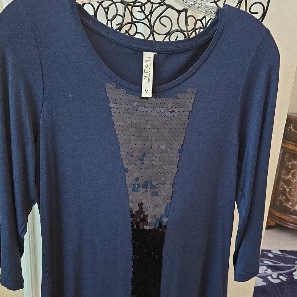 Kische Navy Blue Long Sleeve Tunic Top with Sequin Design